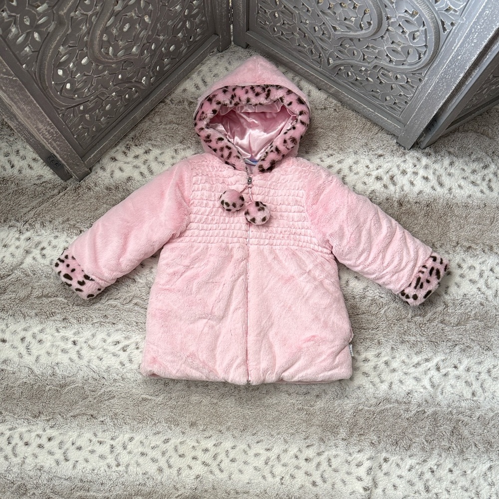 Bon Bebe fuzzy pink hoodie jacket girls 4T leopard print girlhoodcore winter